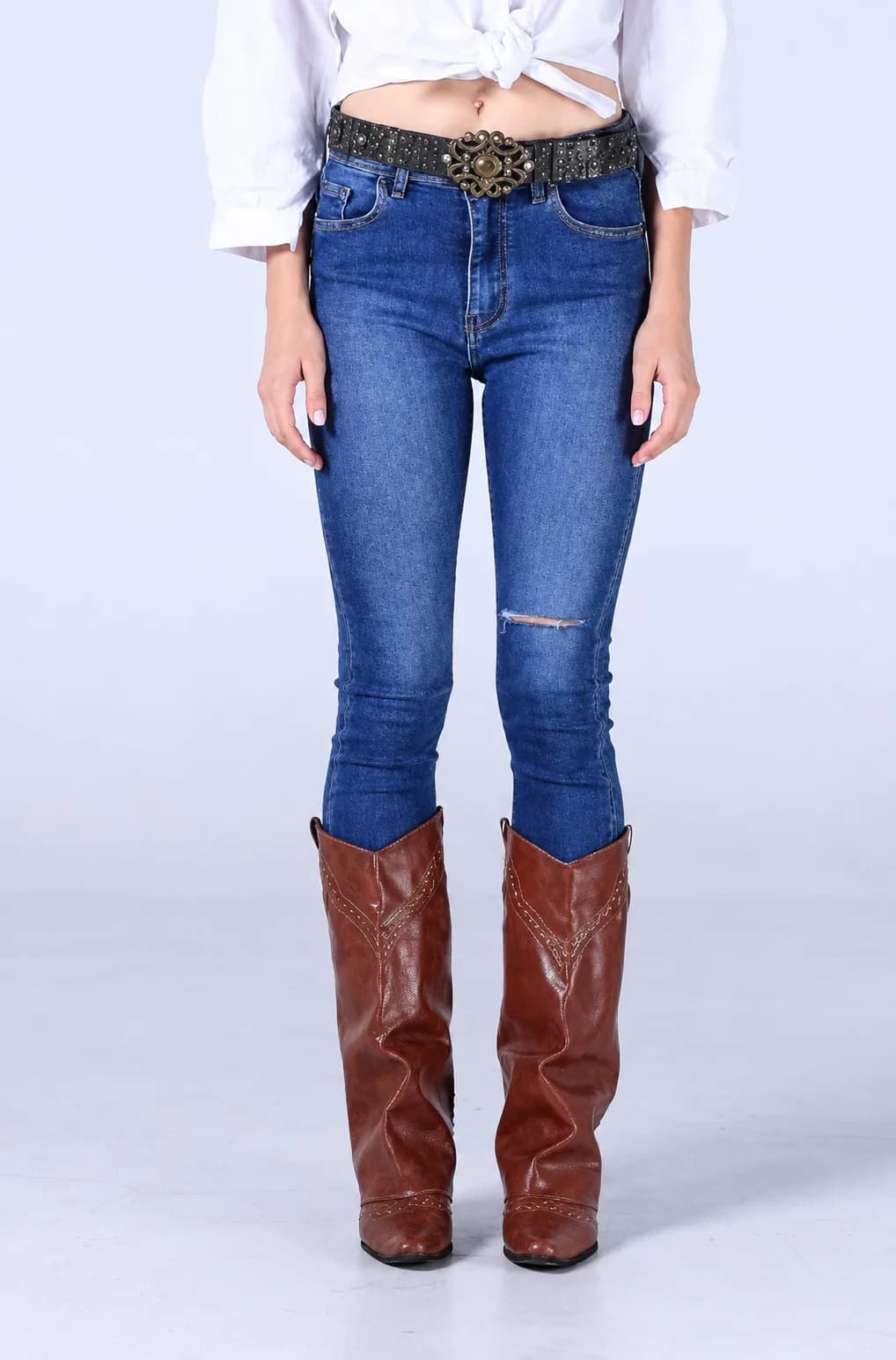 Jack Russel - Dames Jeans - Klassik JF-208 Skinny fit Middenblauw Hoge taille